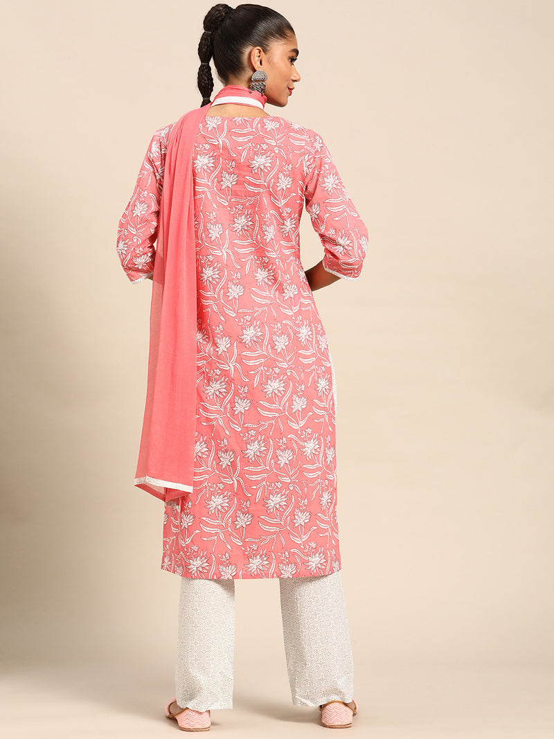 Pink Printed Cotton Suit Set