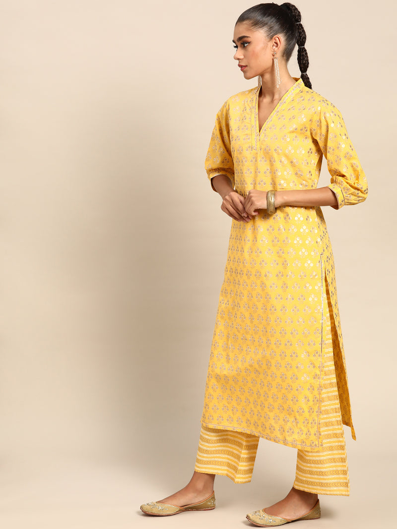 Yellow Printed Cotton Suit Set