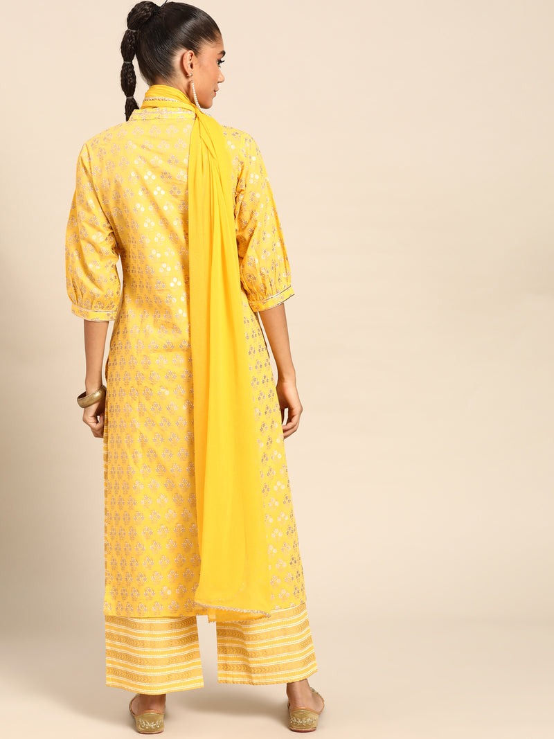 Yellow Printed Cotton Suit Set