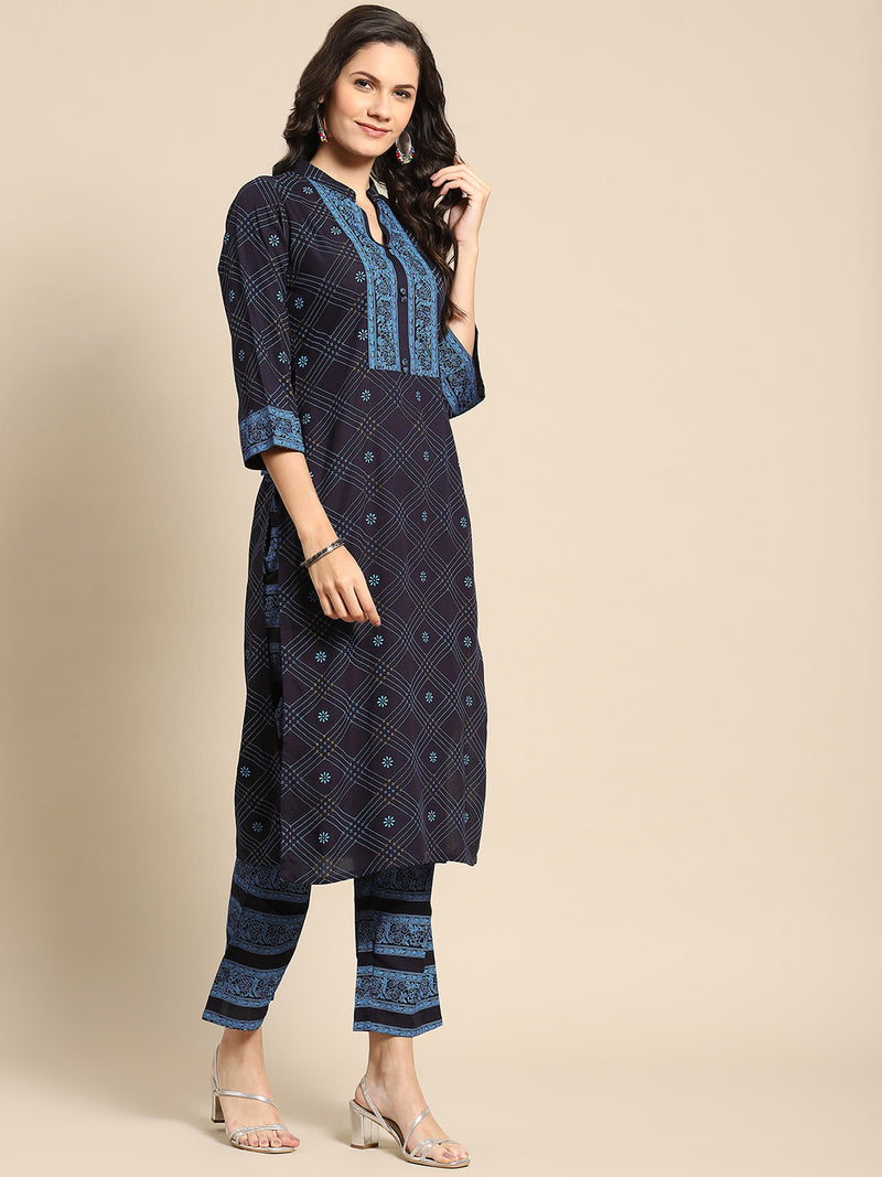 Navy Blue Solid Rayon Suit Set