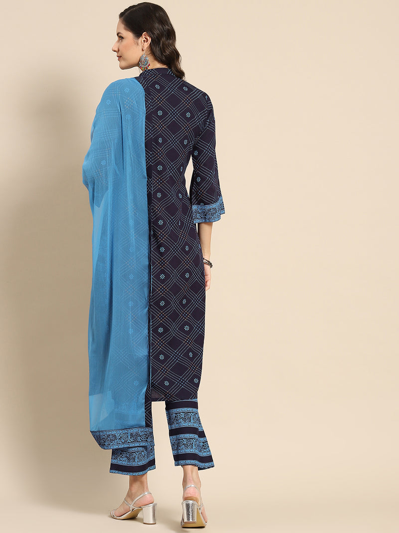 Navy Blue Solid Rayon Suit Set