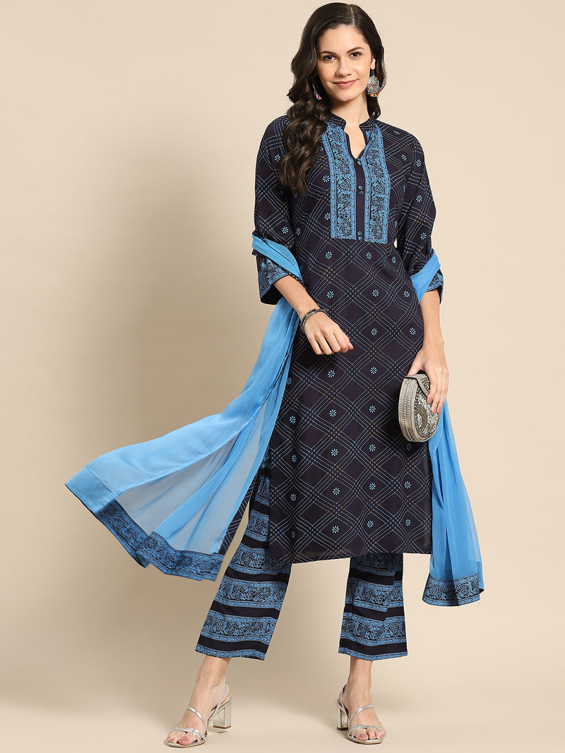 Navy Blue Solid Rayon Suit Set