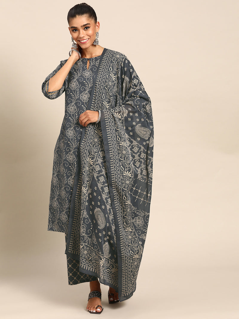 Purple Printed Cotton Suit Set