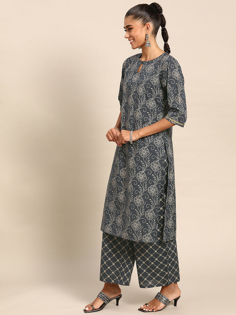 Purple Printed Cotton Suit Set