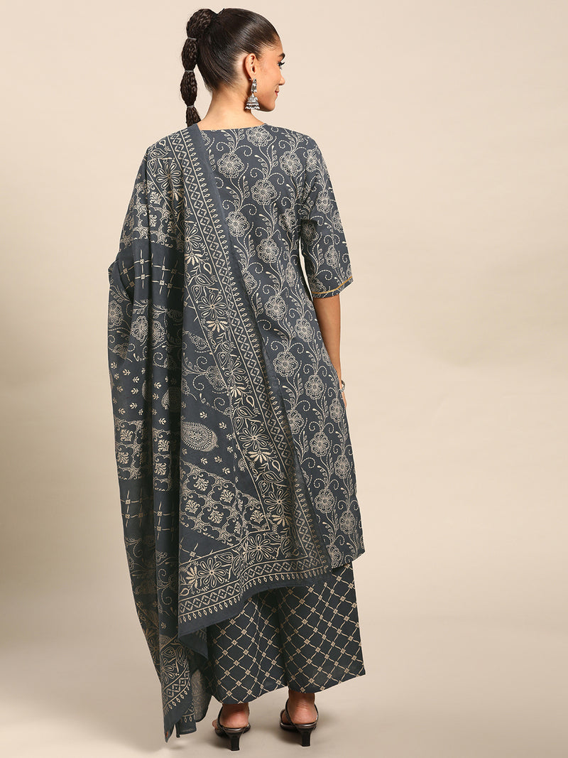 Purple Printed Cotton Suit Set