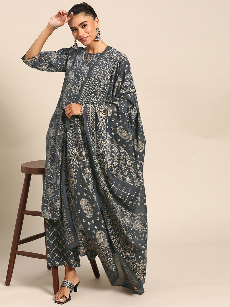 Purple Printed Cotton Suit Set
