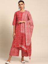 Red Printed Cotton Suit Set