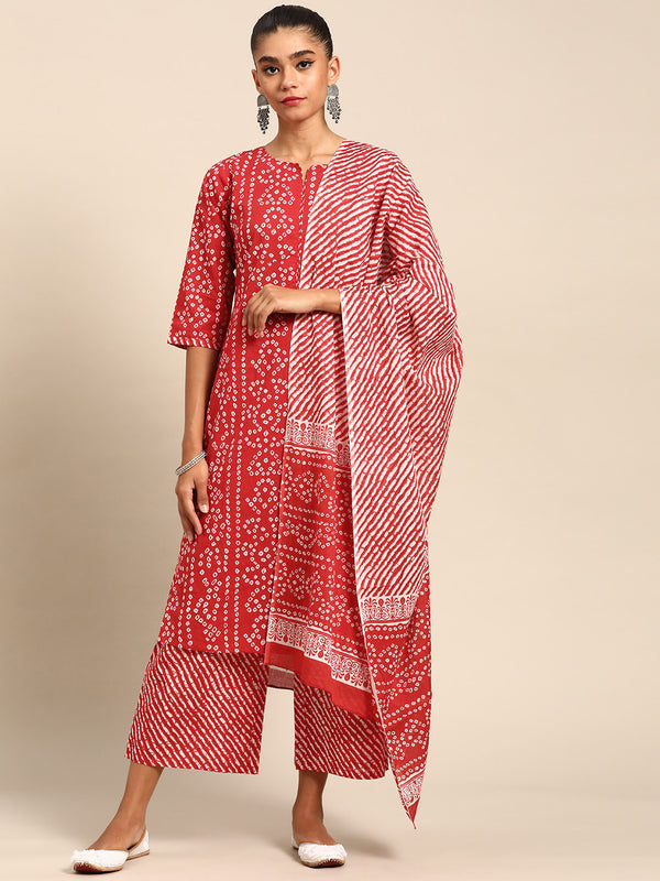Red Printed Cotton Suit Set