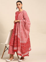 Red Printed Cotton Suit Set