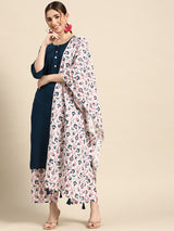 Navy Blue Printed Cotton Suit Set