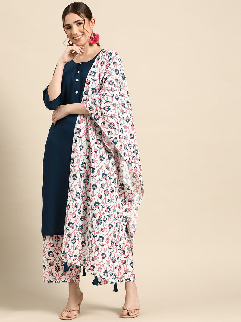 Navy Blue Printed Cotton Suit Set