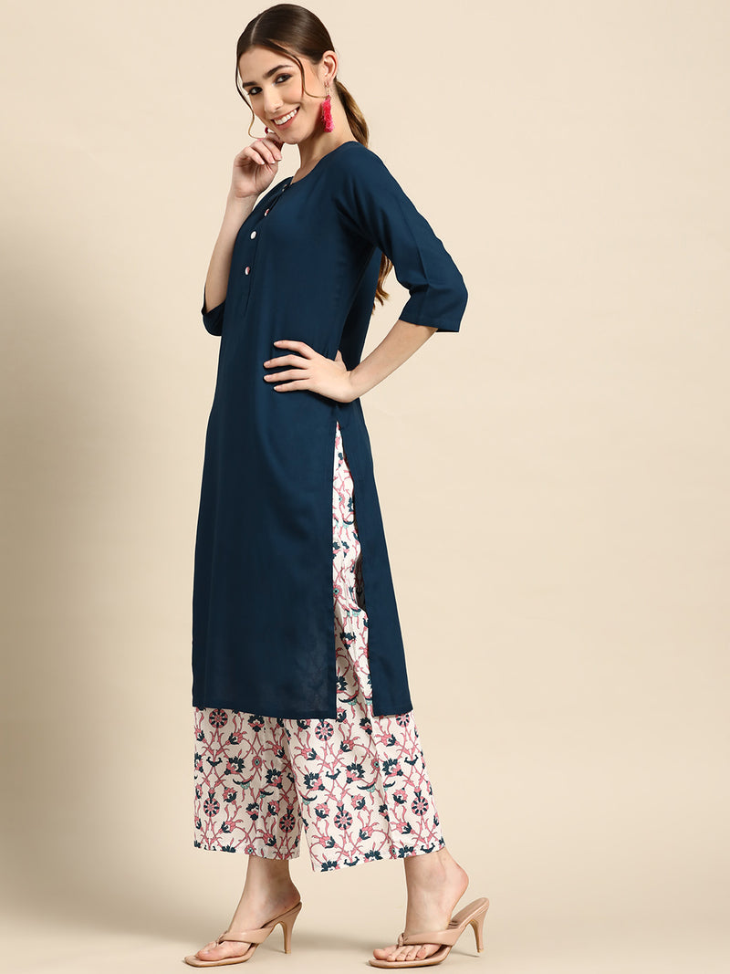 Navy Blue Printed Cotton Suit Set