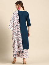 Navy Blue Printed Cotton Suit Set