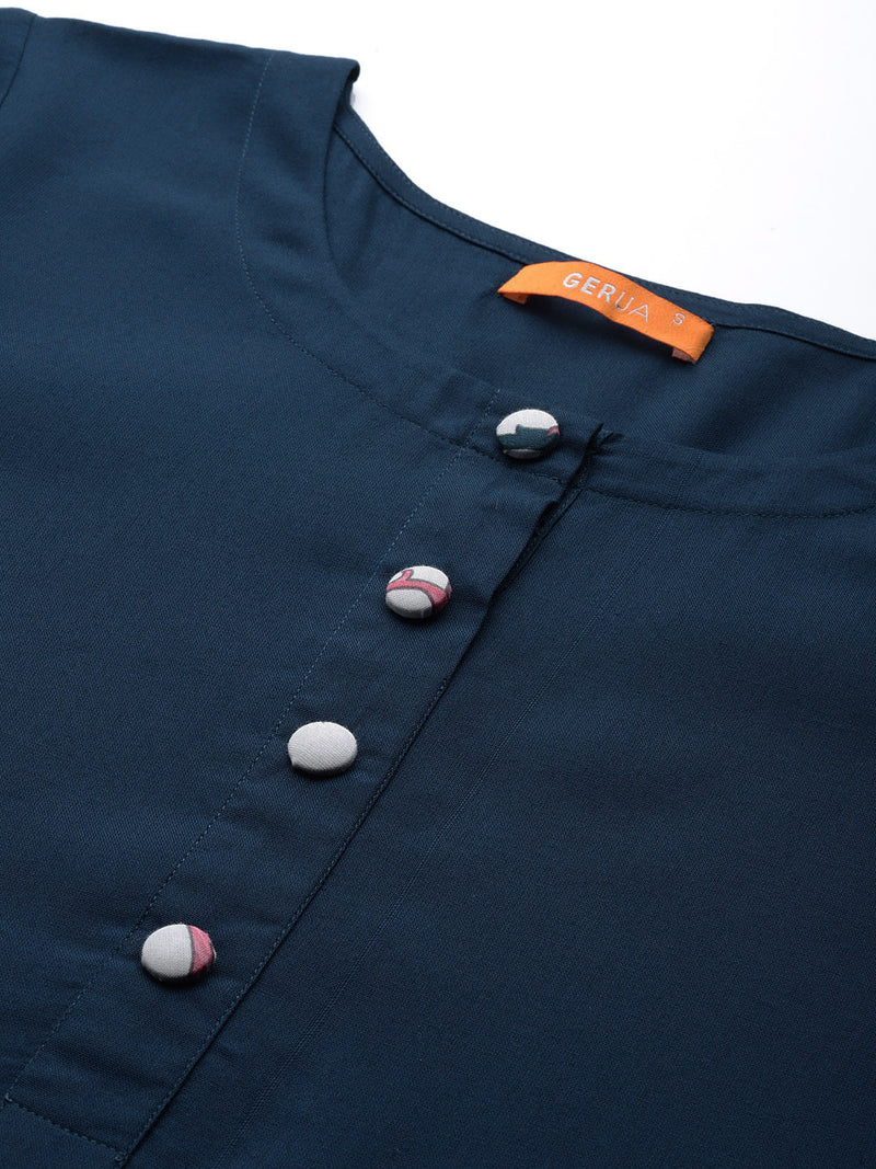 Navy Blue Printed Cotton Suit Set