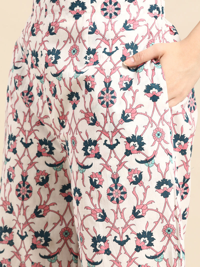 Navy Blue Printed Cotton Suit Set