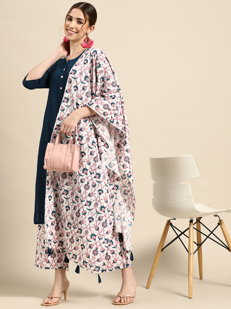 Navy Blue Printed Cotton Suit Set