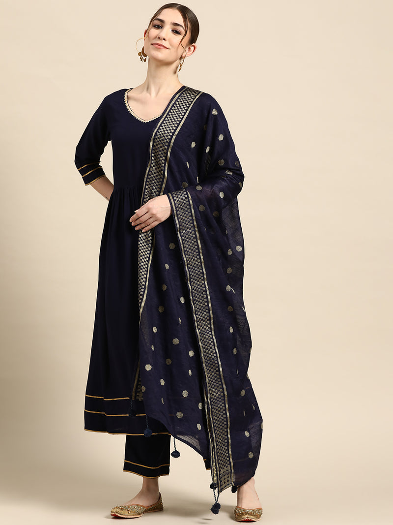 Navy Blue Solid Cotton Blend Suit Set