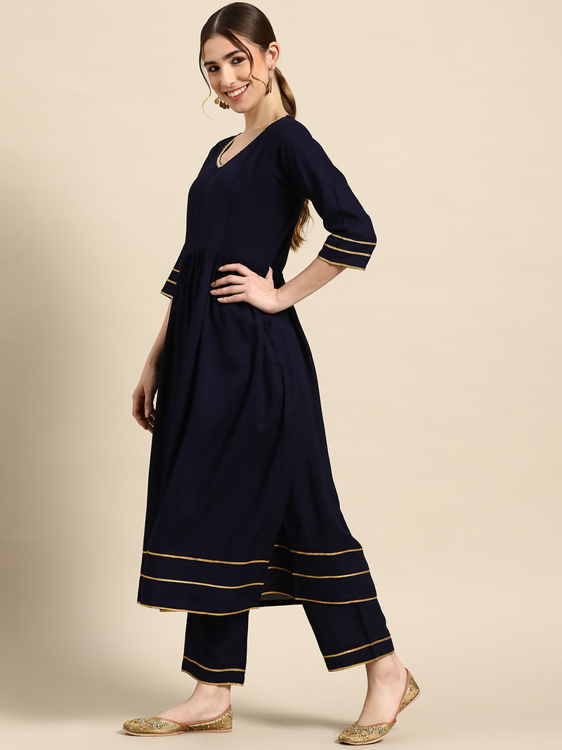 Navy Blue Solid Cotton Blend Suit Set