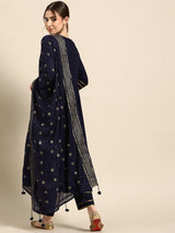 Navy Blue Solid Cotton Blend Suit Set