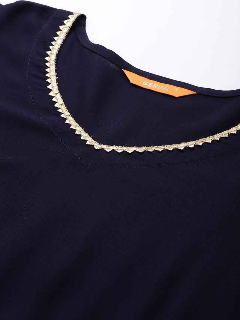 Navy Blue Solid Cotton Blend Suit Set