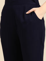 Navy Blue Solid Cotton Blend Suit Set