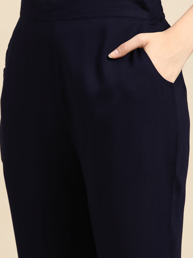 Navy Blue Solid Cotton Blend Suit Set