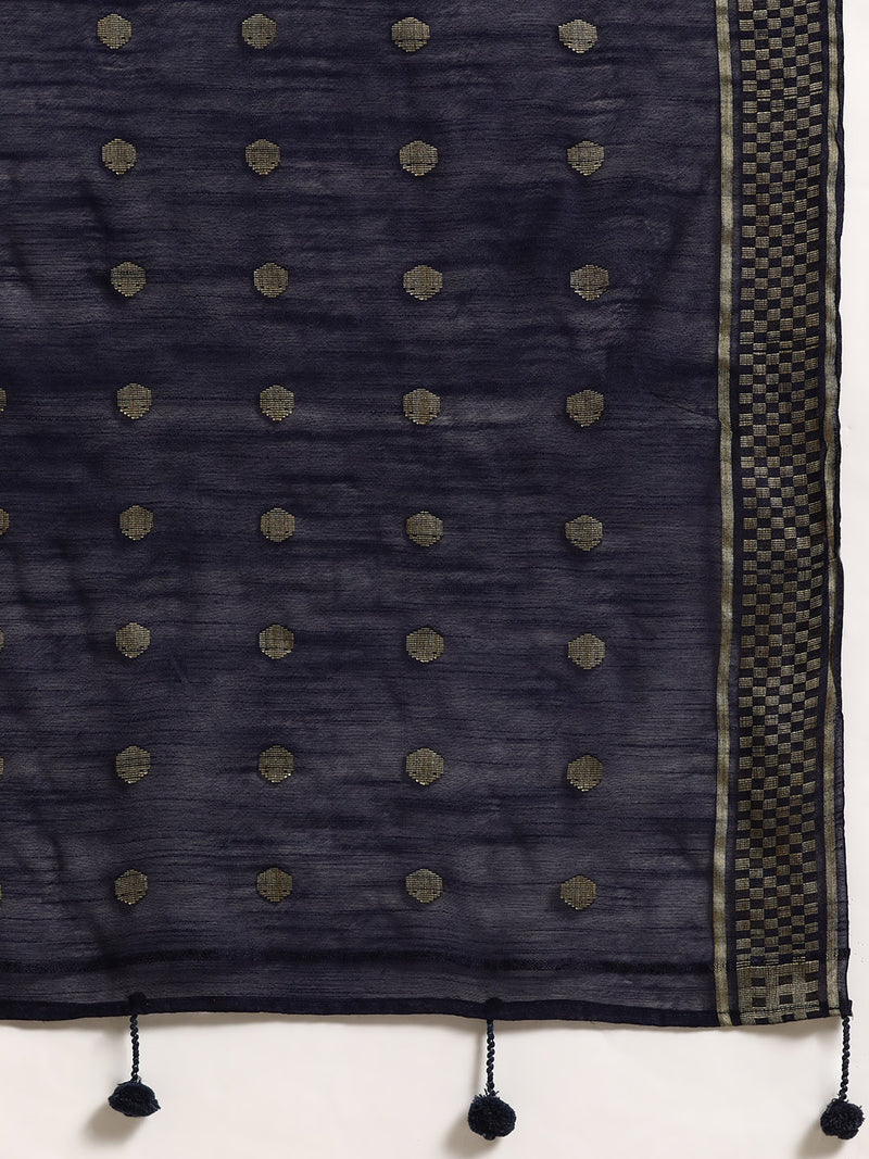 Navy Blue Solid Cotton Blend Suit Set