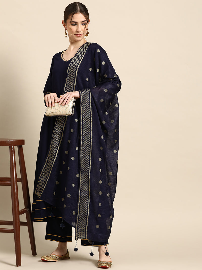 Navy Blue Solid Cotton Blend Suit Set