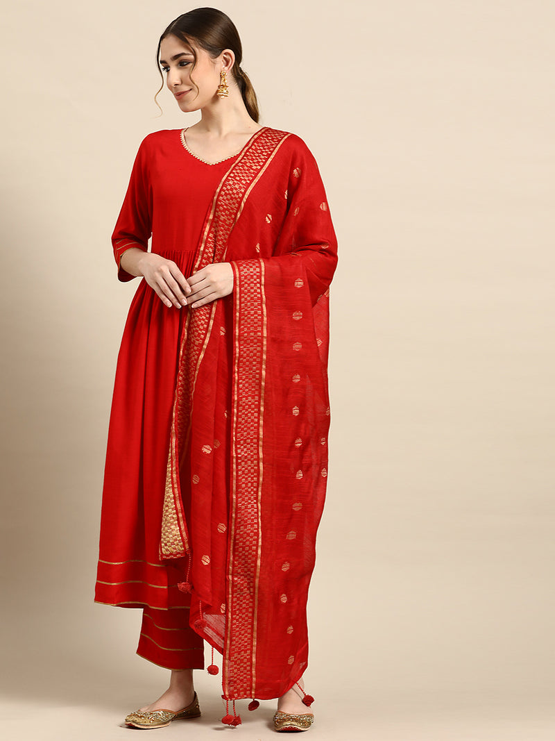Red Solid Rayon Suit Set