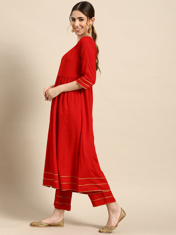 Red Solid Rayon Suit Set