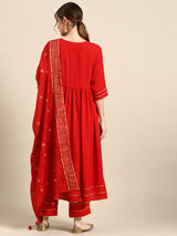 Red Solid Rayon Suit Set