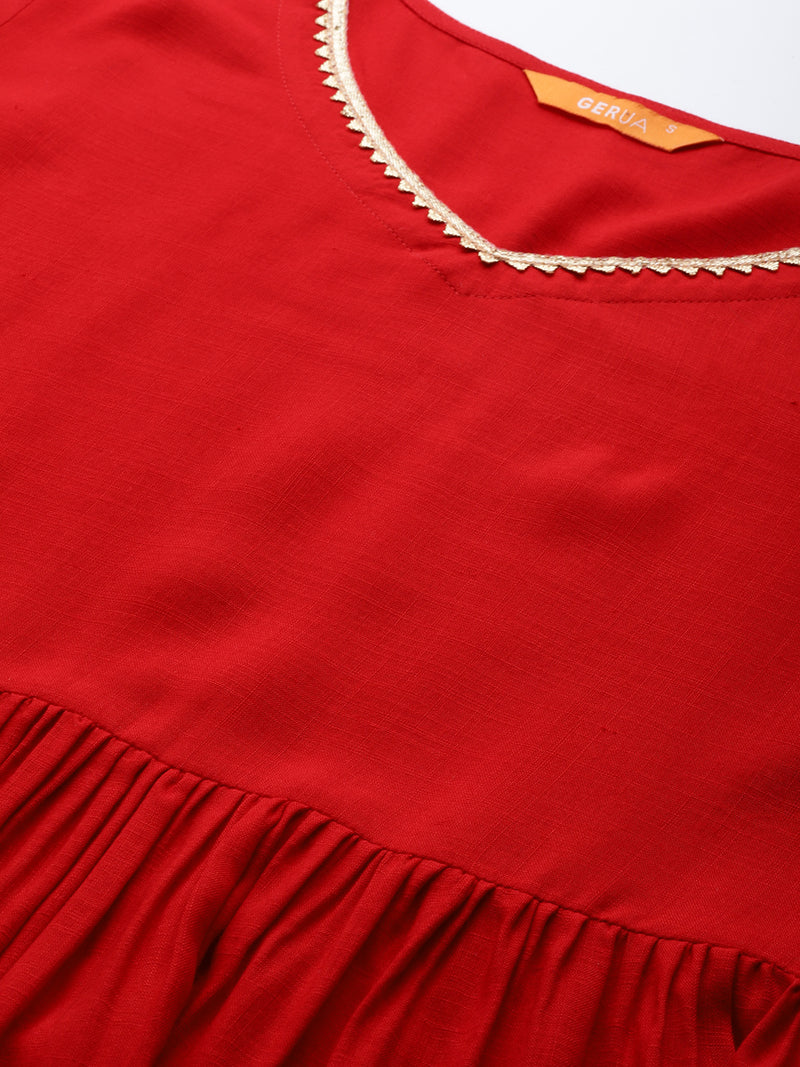 Red Solid Rayon Suit Set
