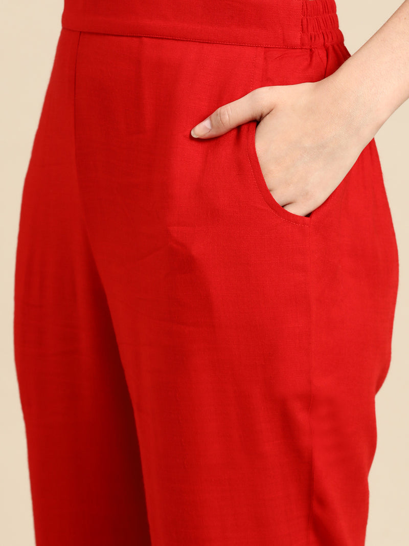 Red Solid Rayon Suit Set