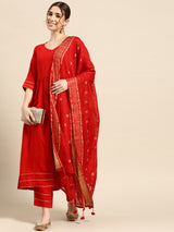 Red Solid Rayon Suit Set