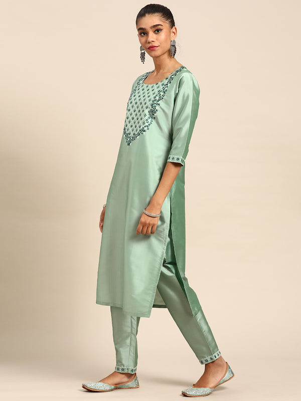 Pink Yoke Design Silk Blend Suit Set