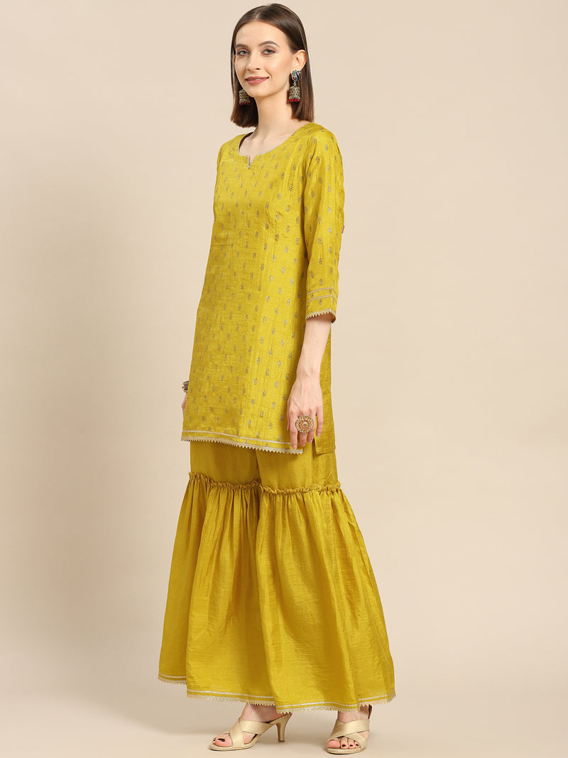 Mustard Printed Silk Blend Suit Set