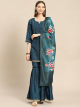 Teal Printed Silk Blend Suit Set