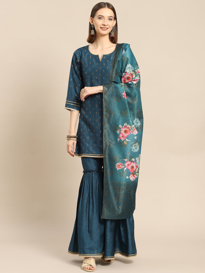 Teal Printed Silk Blend Suit Set