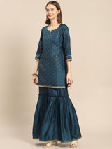 Teal Printed Silk Blend Suit Set