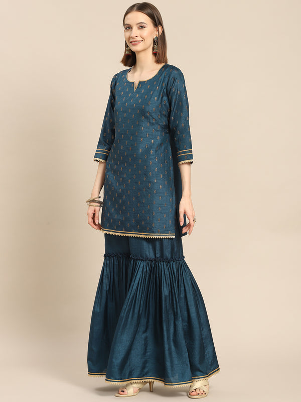 Teal Printed Silk Blend Suit Set