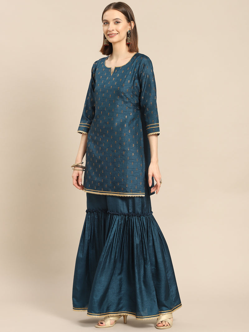 Teal Printed Silk Blend Suit Set