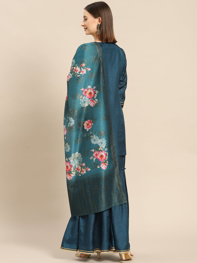 Teal Printed Silk Blend Suit Set
