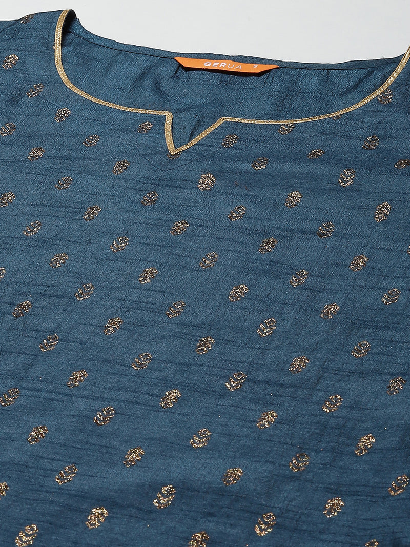 Teal Printed Silk Blend Suit Set