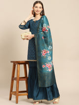 Teal Printed Silk Blend Suit Set