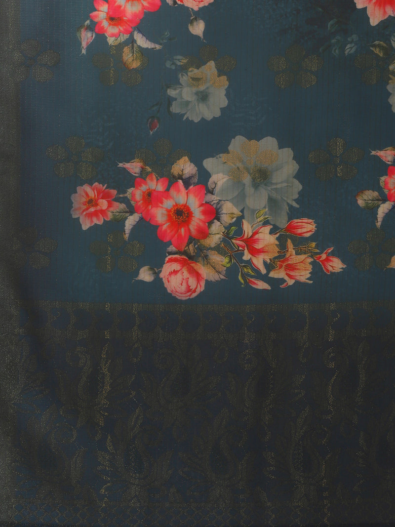 Teal Printed Silk Blend Suit Set