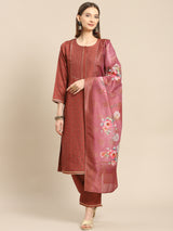Brown Printed Silk Blend Suit Set