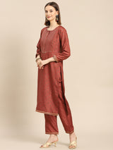 Brown Printed Silk Blend Suit Set