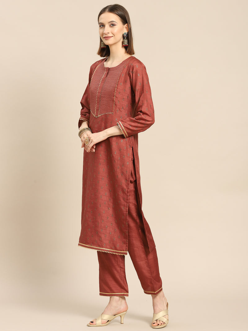Brown Printed Silk Blend Suit Set