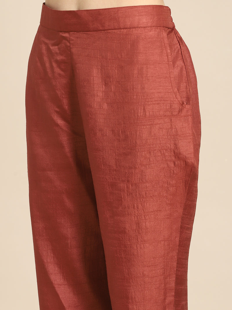 Brown Printed Silk Blend Suit Set
