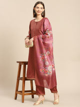 Brown Printed Silk Blend Suit Set